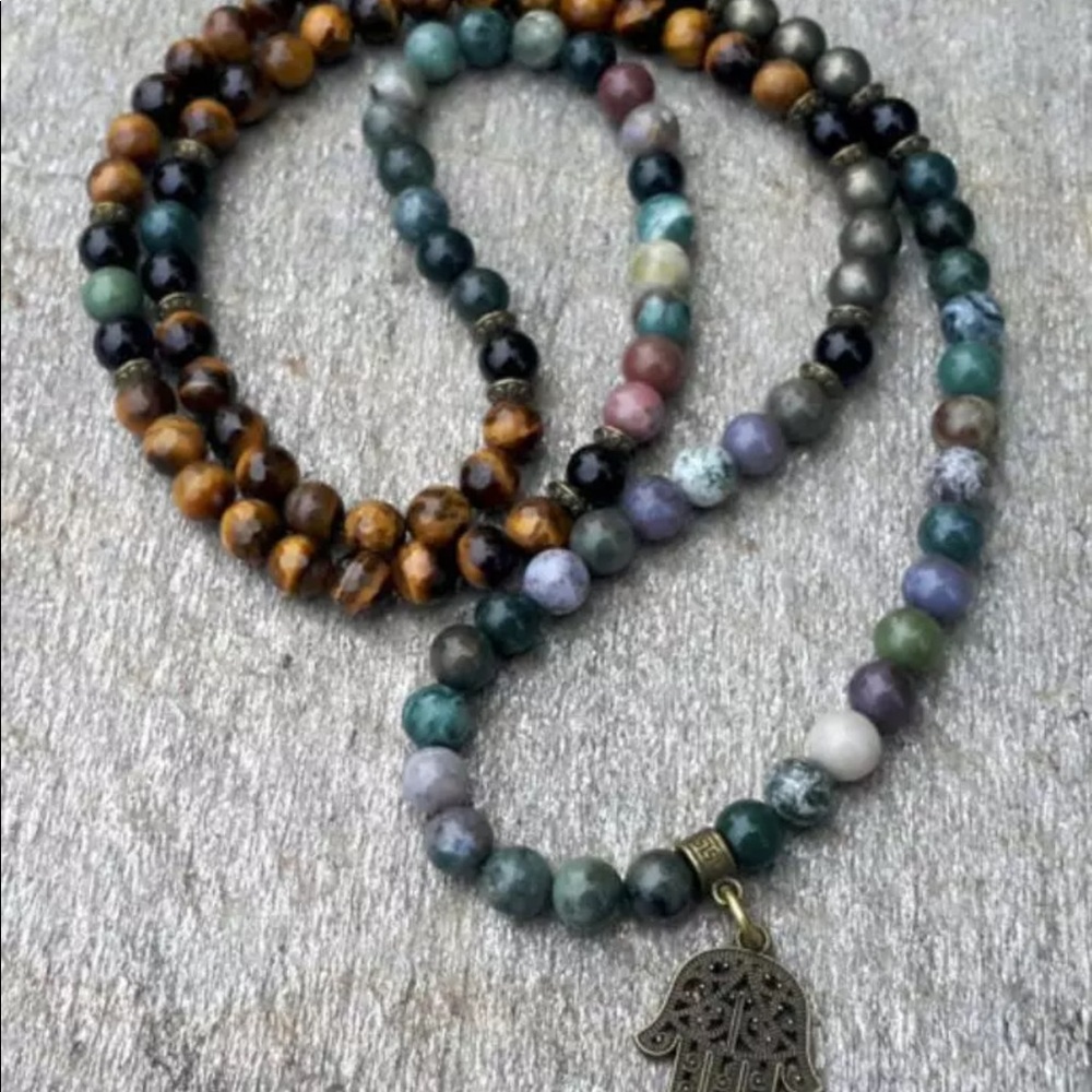 Mixed gemstone Mala with bronze Hamsa - Picture 6 of 6